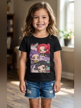 Huntrix Black Kids Tee with Rumi, Mira & Zoey